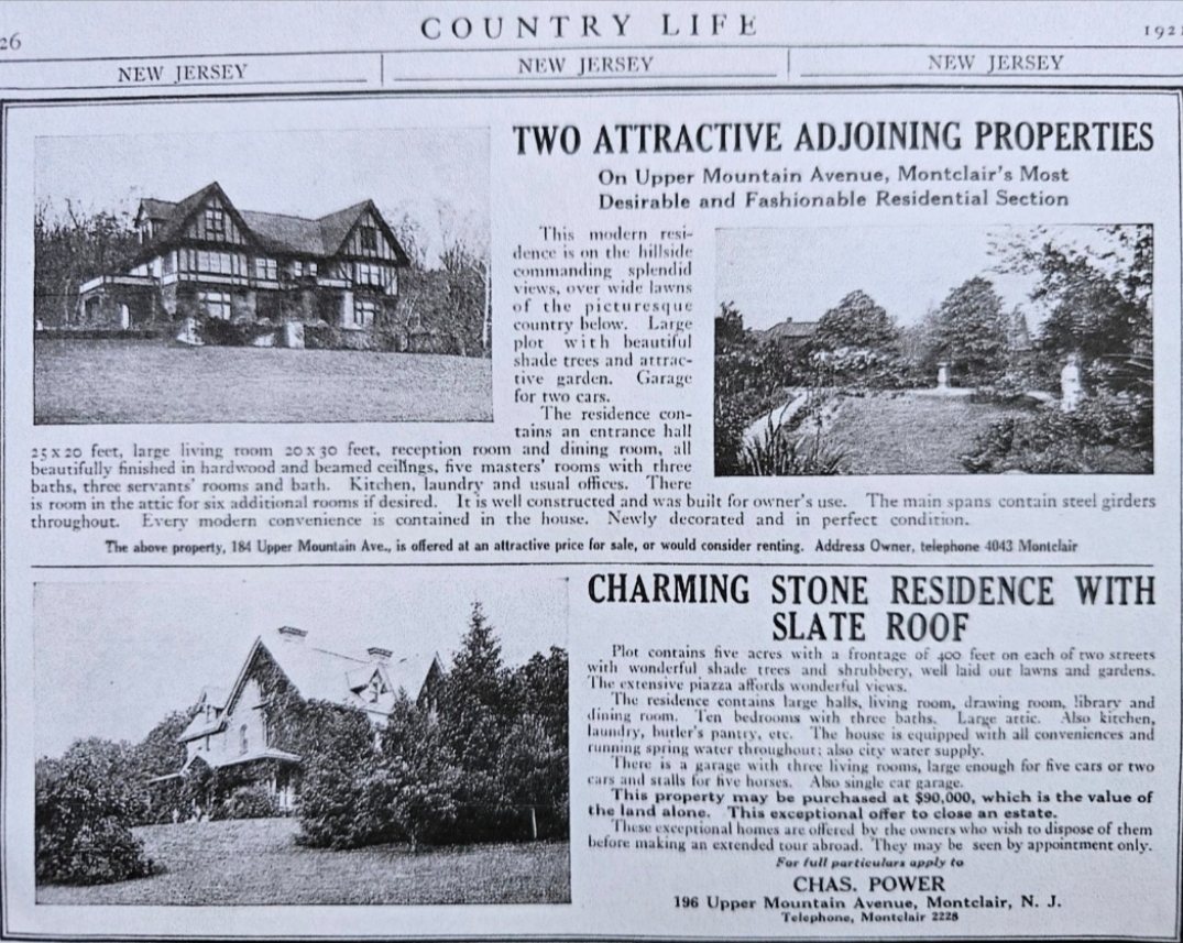 1920s Country Life advertisement offering 184 Upper Mountain Avenue, Montclair, with a photograph of the Tudor residence