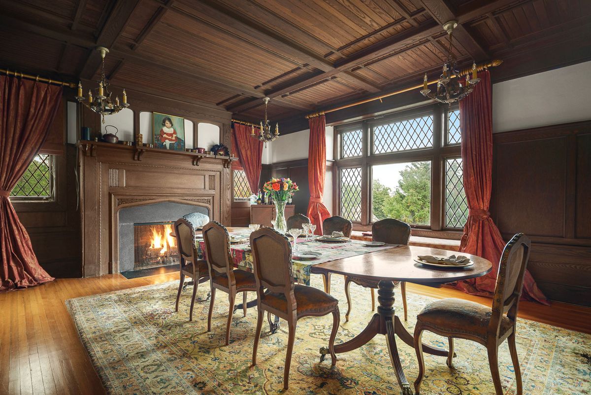 Dining room hearth and leaded windows at 184 Upper Mountain Avenue