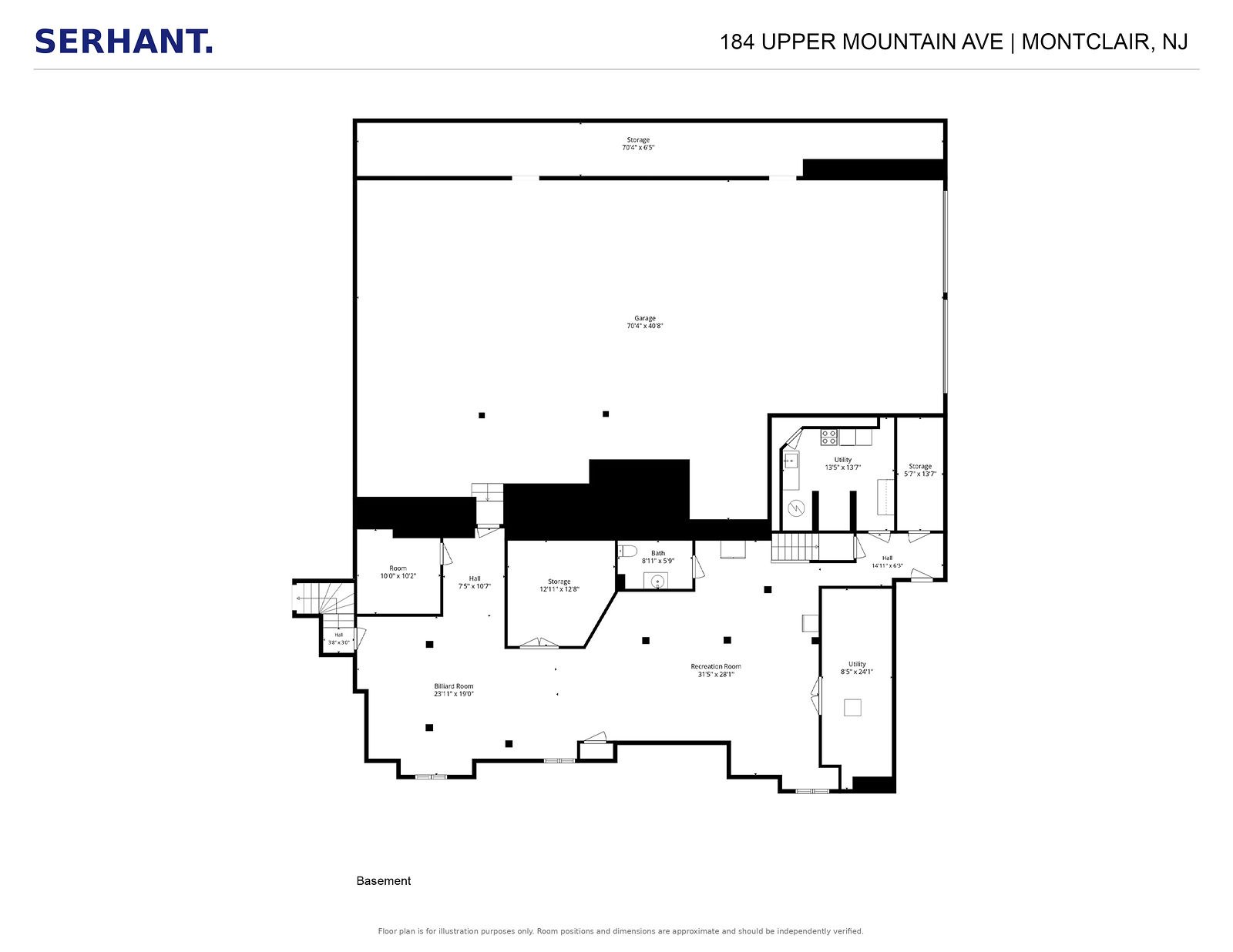 Lower level plan of 184 Upper Mountain Avenue showing the recreation room, billiard room, utility rooms and garage