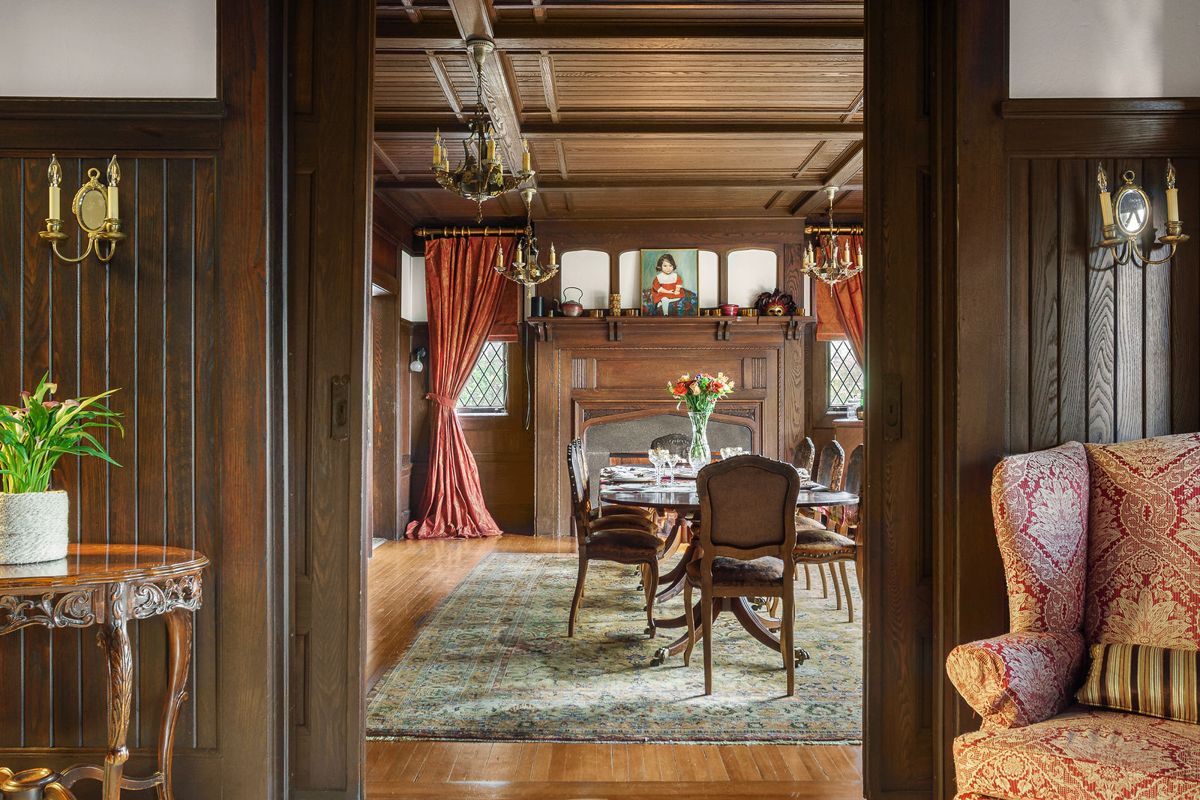 View from the paneled hall into the dining room at 184 Upper Mountain Avenue